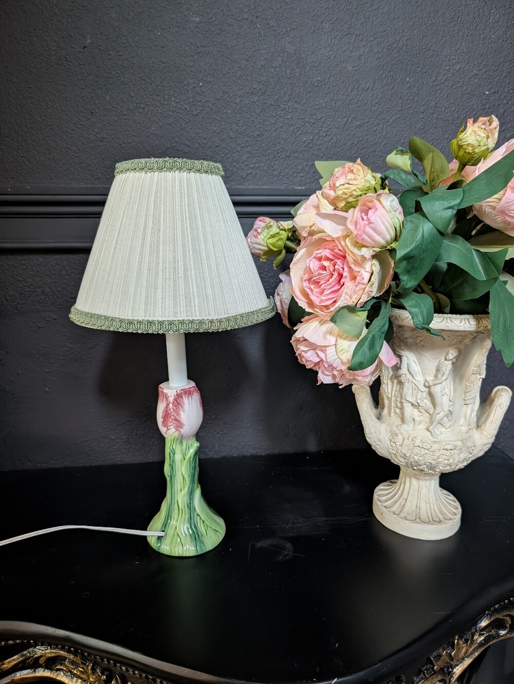 Vintage Small Ceramic Tulip Table Lamp Pink Green Majolica Style Pleated Shade